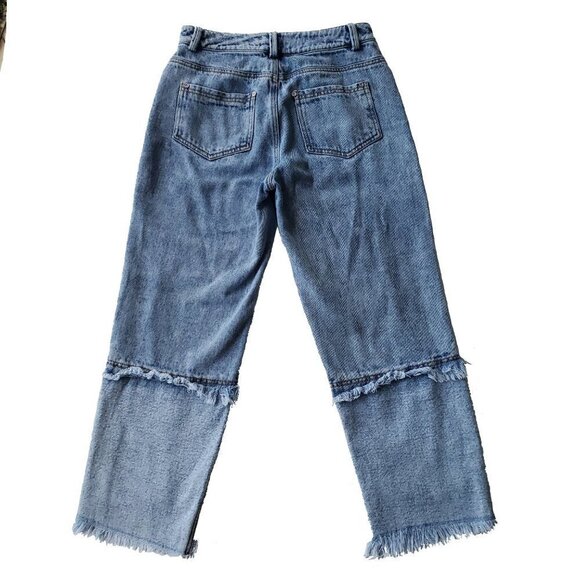 High Rise  Patchwork Wide Leg Colorblock Distressed Denim Cropped Ankle Jeans S - Picture 5 of 16